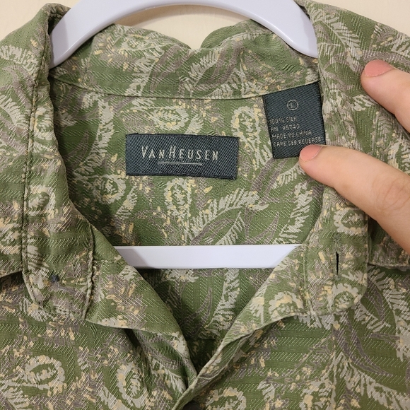 Van Heusen 100% Silk Button Down Short Sleeve Polo Shirt Green With Pocket Large - Picture 4 of 7